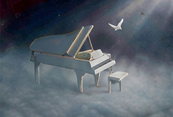 a piano in foggy environment